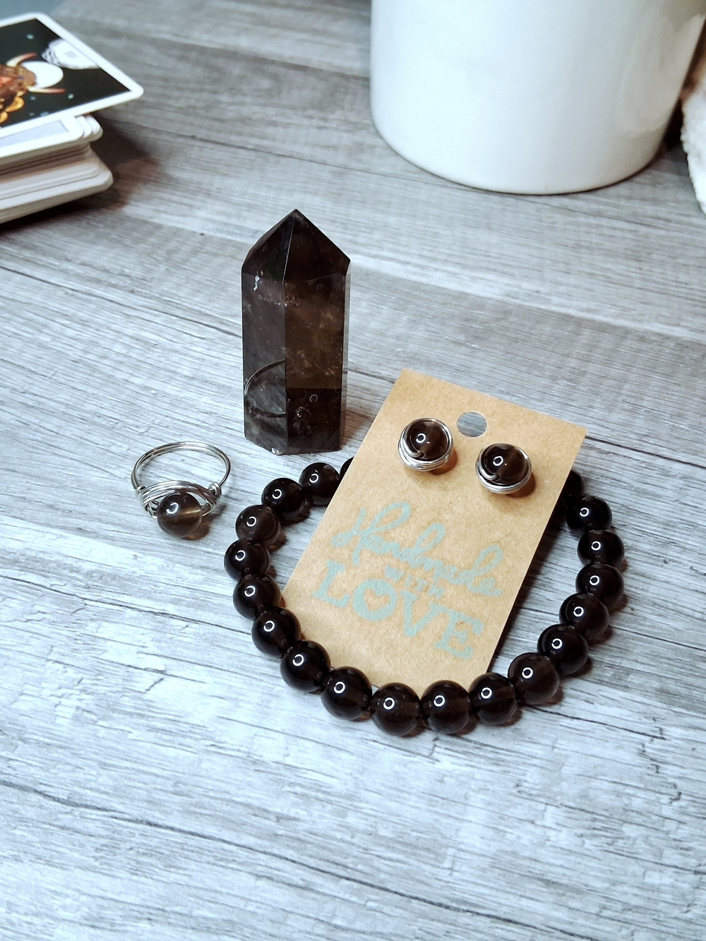 Smoky Quartz Crystal Tower, Bracelet, Stud Earrings, & Ring Gift Set 4 Piece